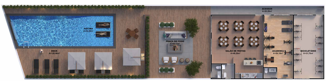 Planta da área de lazer: piscina, deck, praça do fogo, salão de festas, academia e bicicletário